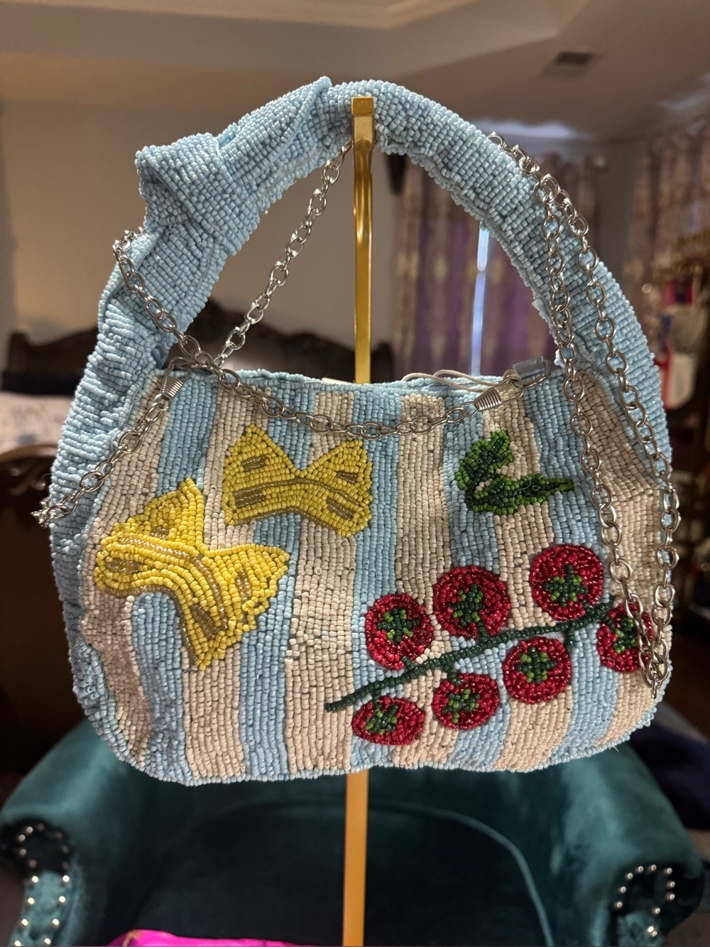 NWT Sol & Mer Beaded Farfalle Pasta Tomato Shoulder Bag Blue Striped